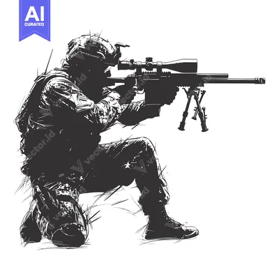 Aset desain premium: A Silhouette of a Soldier Kneeling with a Sniper Rifle