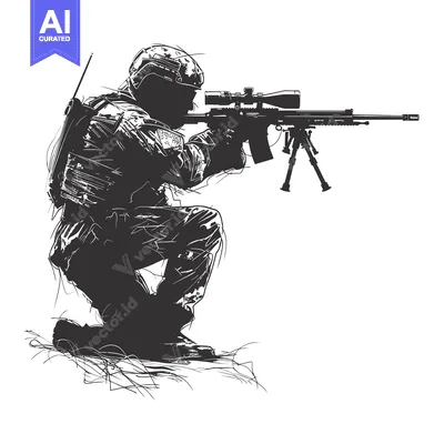 Silhouetted Sniper Soldier Aiming with a Scope Rifle