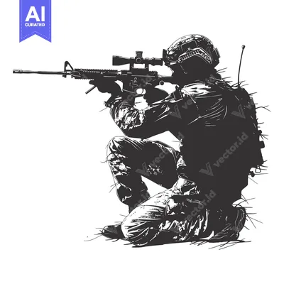 Silhouette of a Soldier Kneeling with a Rifle