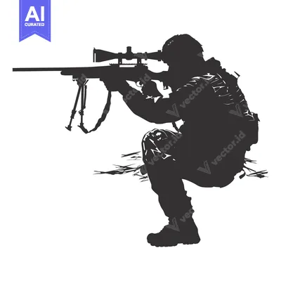 Aset desain premium: Silhouette of a Sniper in a Crouching Position