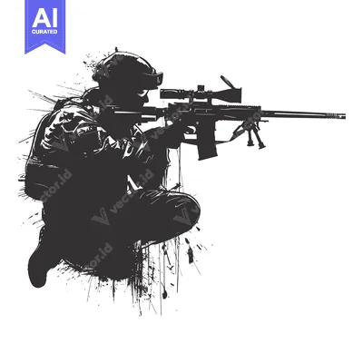Silhouette of a Soldier Aiming a Sniper Rifle with Splashes of Ink Beh