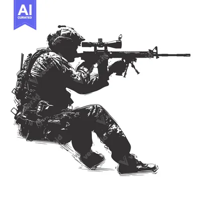 Aset desain premium: Silhouette of a Soldier Aiming a Rifle with a Scope