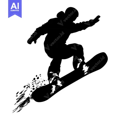 Aset premium populer: Silhouette of a Snowboarder in Mid-Air with Snow Spray