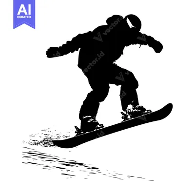 Silhouette of a snowboarder mid-air, with a snowboard and a snowy slop