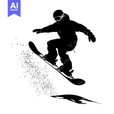 Aset desain premium: Silhouette of a Snowboarder in Mid-Air with Snow Spray