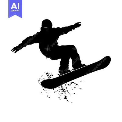 Premium design asset: Silhouette of a Snowboarder in mid-air, with snow spray below