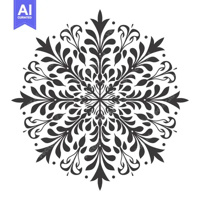Aset desain premium: A Black and White Circular Floral Pattern with Symmetrical Design
