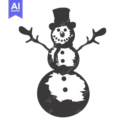 Aset desain premium: A stylized black and white illustration of a snowman wearing a hat and