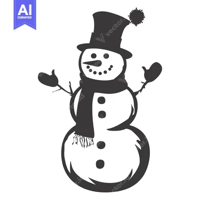 Aset desain premium: Black and White Silhouette of a Smiling Snowman with a Top Hat and Sca