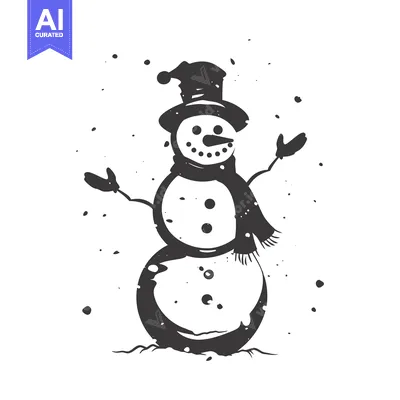 Aset desain premium: A Cheerful Black and White Snowman Illustration with Snowflakes