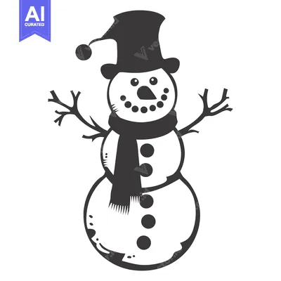 Aset desain premium: A black and white silhouette of a snowman with a hat and scarf
