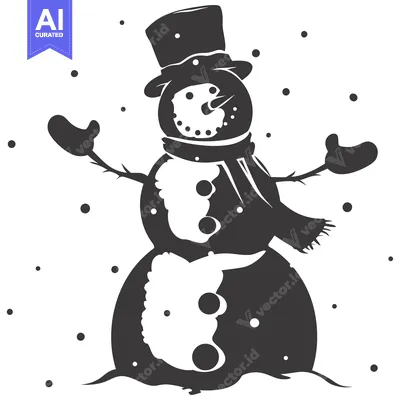 Aset desain premium: Black and White Silhouette of a Snowman with a Hat and Scarf