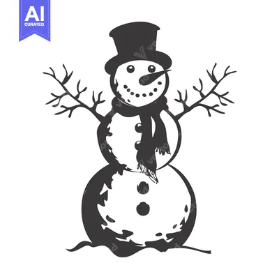 Aset desain premium: A Black and White Illustration of a Snowman with a Hat and Scarf