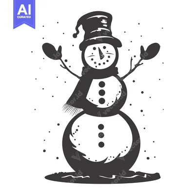 Aset desain premium: A Smiling Snowman in a Tall Hat with Outstretched Arms