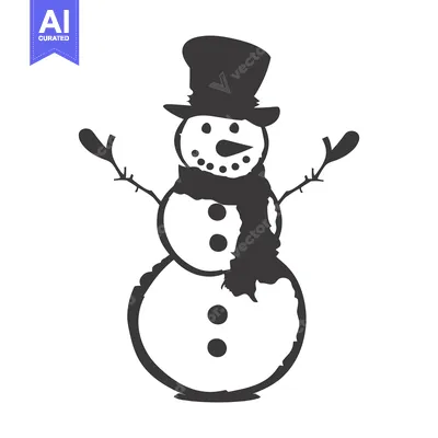 Aset premium populer: A simple black and white illustration of a snowman with a top hat and