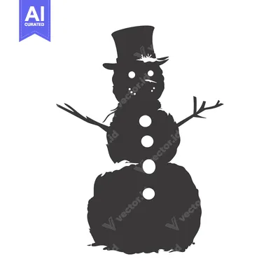 Aset desain premium: Black and White Silhouette of a Snowman with a Top Hat and Stick Arms
