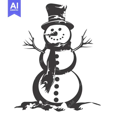 Aset premium populer: A black and white illustration of a snowman wearing a top hat and scar