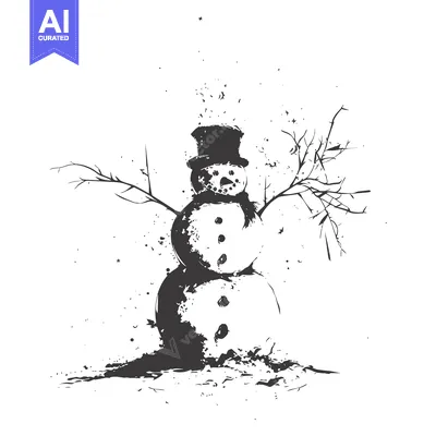 Premium design asset: A Black and White Ink Sketch of a Snowman with a Top Hat and Splashes