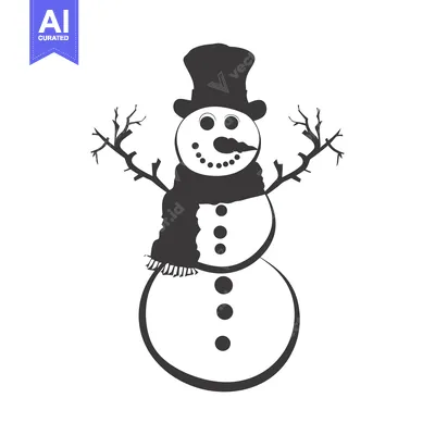 Aset desain premium: A Black and White Silhouette of a Snowman with a Top Hat and Scarf