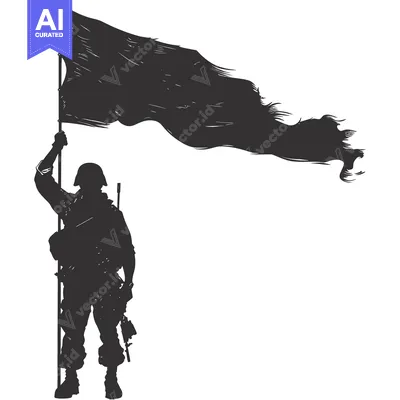 Popular premium asset: Silhouette of a soldier holding a flag with a rifle on his shoulder