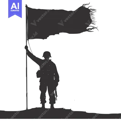 Aset desain premium: Silhouette of a Soldier Raising a Torn Flag on a Battlefield