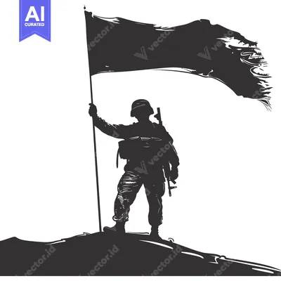 Silhouette of a Soldier Raising a Flag on a Hilltop