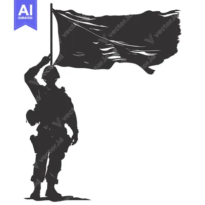 Aset desain premium: Silhouette of a Soldier Saluting with a Torn Flag