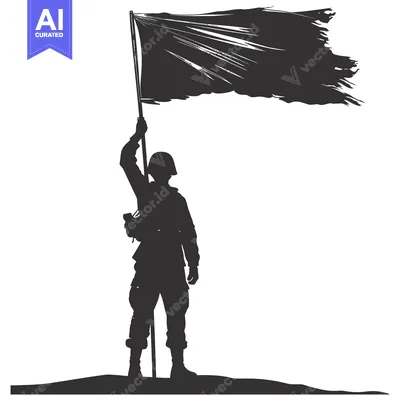 Silhouette of a Soldier Raising a Torn Flag