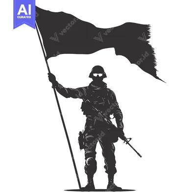 Aset desain premium: Silhouette of a Soldier Holding a Torn Flag