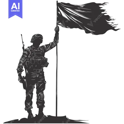 Aset premium populer: A Silhouetted Soldier Raising a Waving Flag