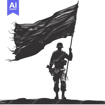 Aset premium populer: Silhouette of a soldier holding a tattered flag