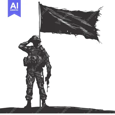 Download A soldier saluting a tattered flag in a silhouette illustration Vector Graphic