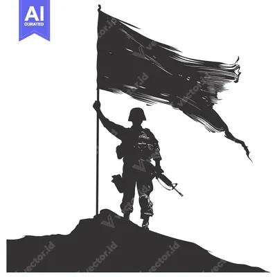 Aset desain premium: Silhouette of a Soldier Raising a Flag on a Hilltop