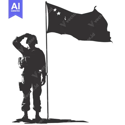 Download Silhouette of a Soldier Saluting a Flag with Three Stars Vector Graphic
