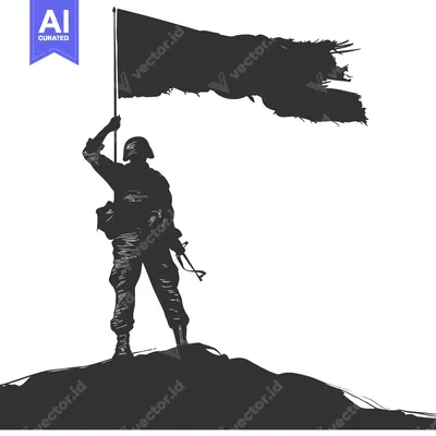 Silhouette of a Soldier Raising a Torn Flag on a Hilltop