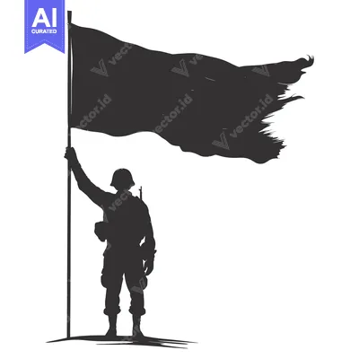 Download Silhouette of a soldier raising a flag on a hill Vector Graphic