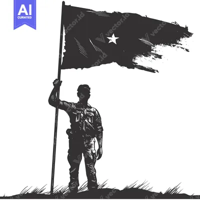 Download Silhouette of a Soldier Holding a Torn Flag with a Single Star Vector Graphic