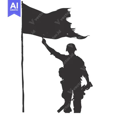 Aset premium populer: Silhouette of a soldier holding a flag and a rifle