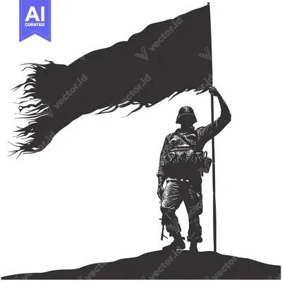Aset premium populer: Soldier Silhouette Holding a Waving Black Flag on a Hilltop