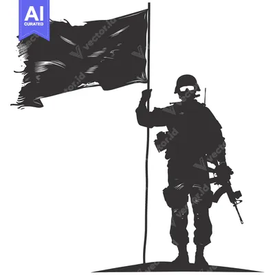 Aset desain premium: Silhouette of a Soldier Holding a Flag and a Rifle