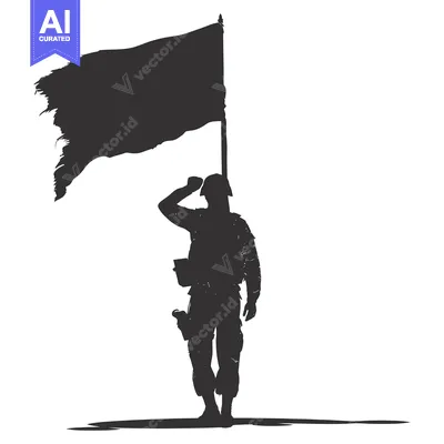 Download Silhouette of a Soldier Saluting with a Torn Flag Vector Graphic