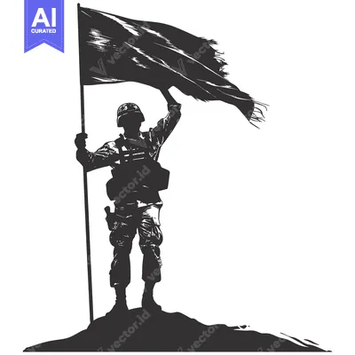 A Silhouette of a Soldier Holding a Waving Flag on a Hilltop
