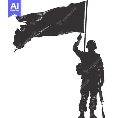 Aset desain premium: Silhouette of a soldier holding a flag and a rifle