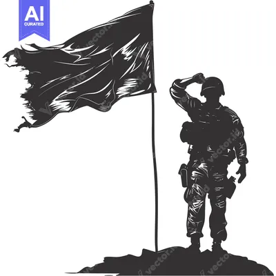 Aset premium populer: Silhouette of a soldier saluting a tattered flag on a hill
