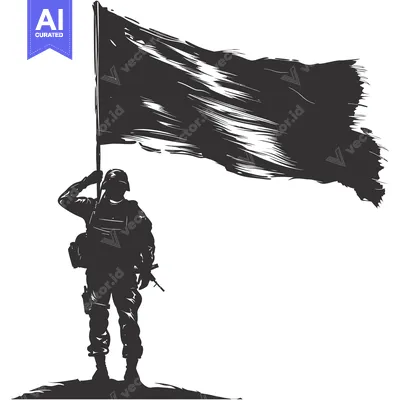 Aset desain premium: Silhouette of a Soldier Saluting with a Waving Flag