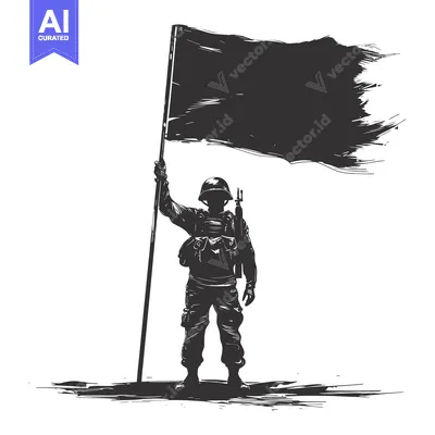 Soldier Silhouette Holding a Blank Black Flag