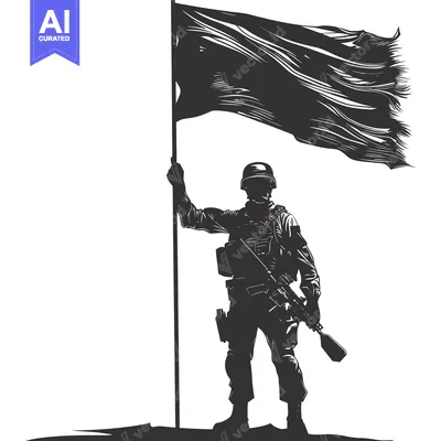 Aset premium populer: Silhouette of a Soldier Holding a Flag and Rifle