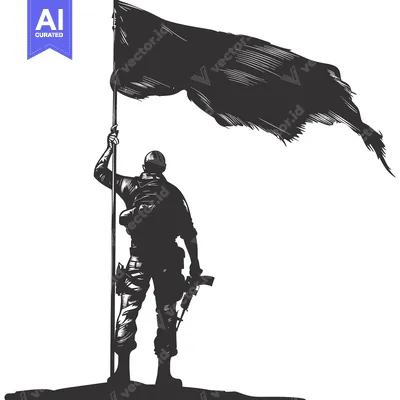 Aset desain premium: A Soldier Holding a Black Flag and a Rifle