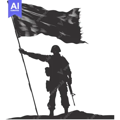 Silhouette of a Soldier Holding a Flag and Rifle