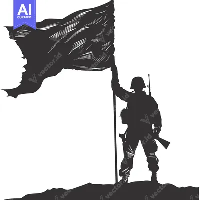 Silhouette of a Soldier Holding a Flag and a Rifle